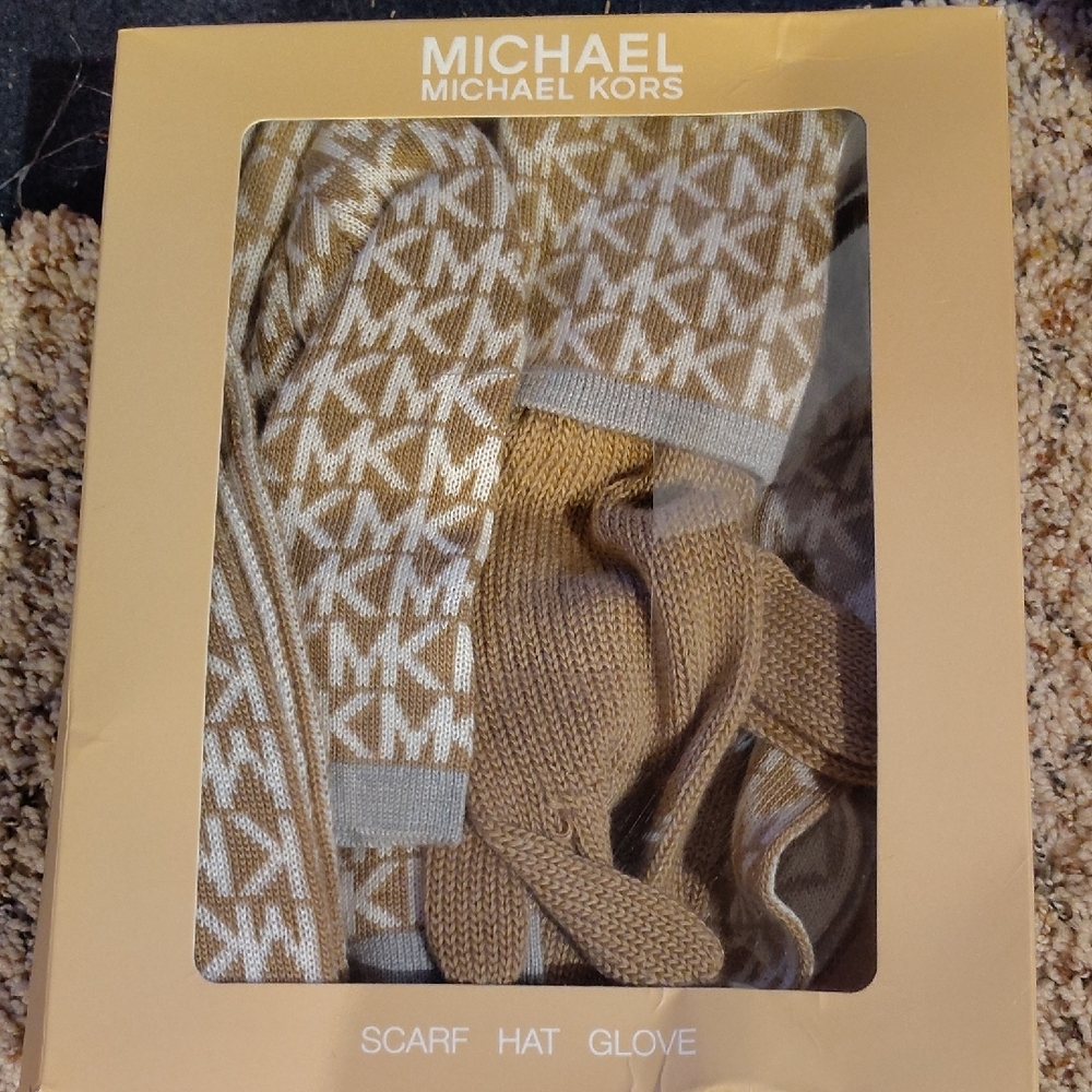 Michael Kors Gold and Cream Scarf, Hat, and Glove Set